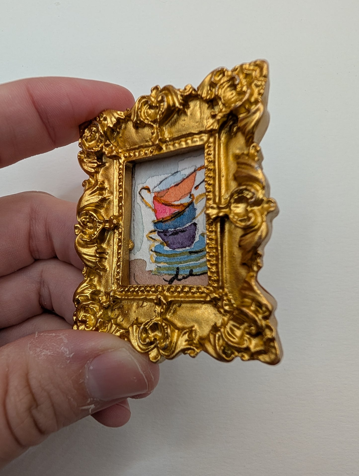 Mini Teacup Stack Painting - Original Watercolor Art by Lora Cavallin