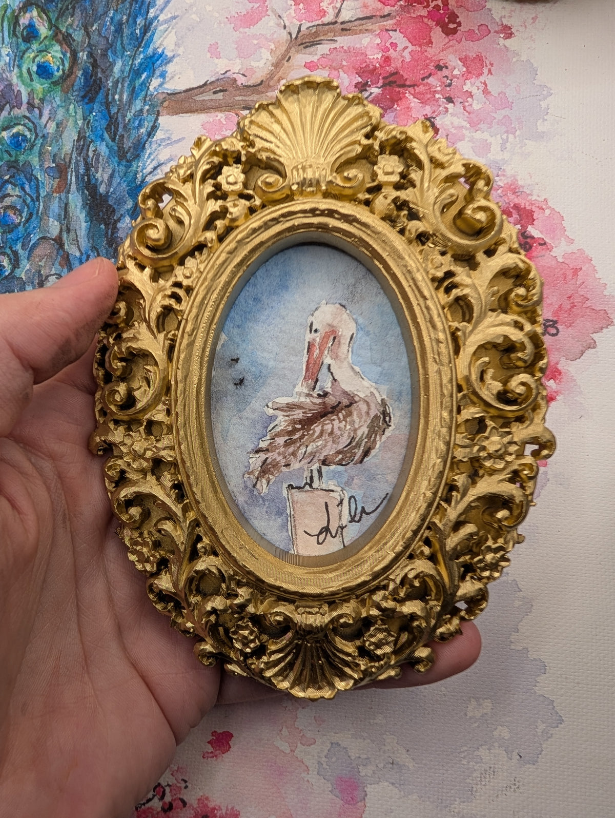Mini Pelican Painting - Original Watercolor Art by Lora Cavallin