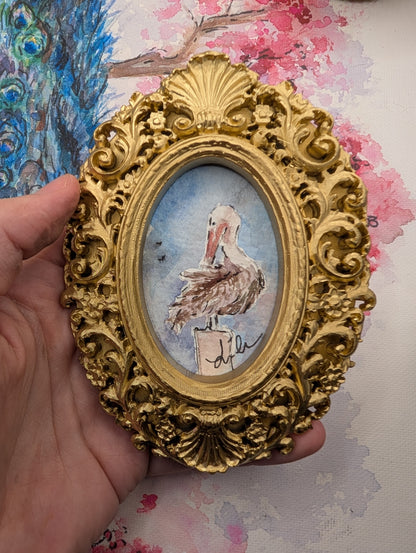 Mini Pelican Painting - Original Watercolor Art by Lora Cavallin