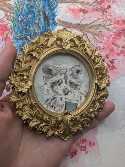 Mini Raccoon with Coffee Painting - Original Watercolor Art by Lora Cavallin