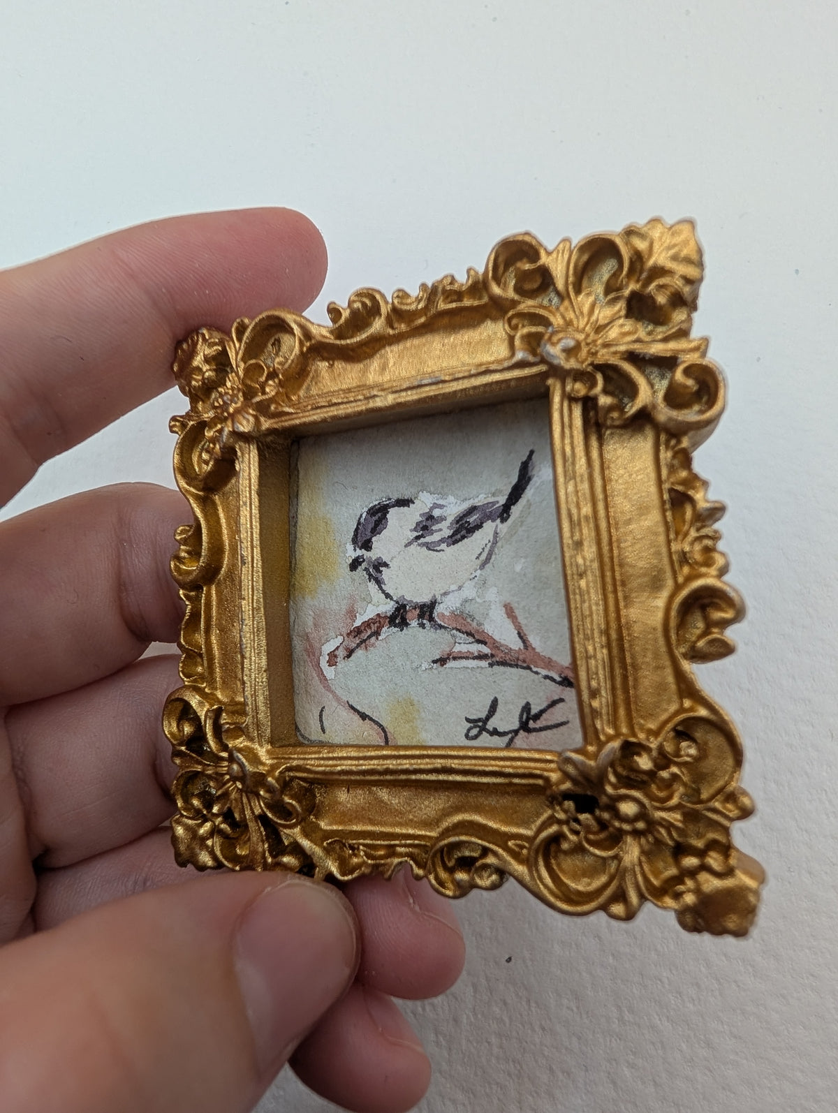 Mini Chickadee Bird Painting - Original Watercolor Art by Lora Cavallin