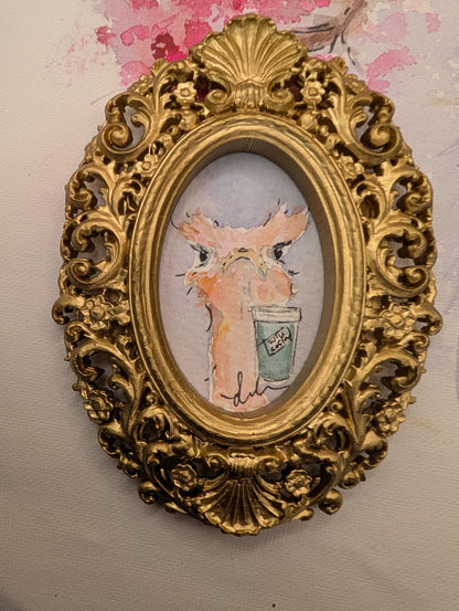 Mini Ostrich with Coffee Painting - Original Watercolor Art by Lora Cavallin