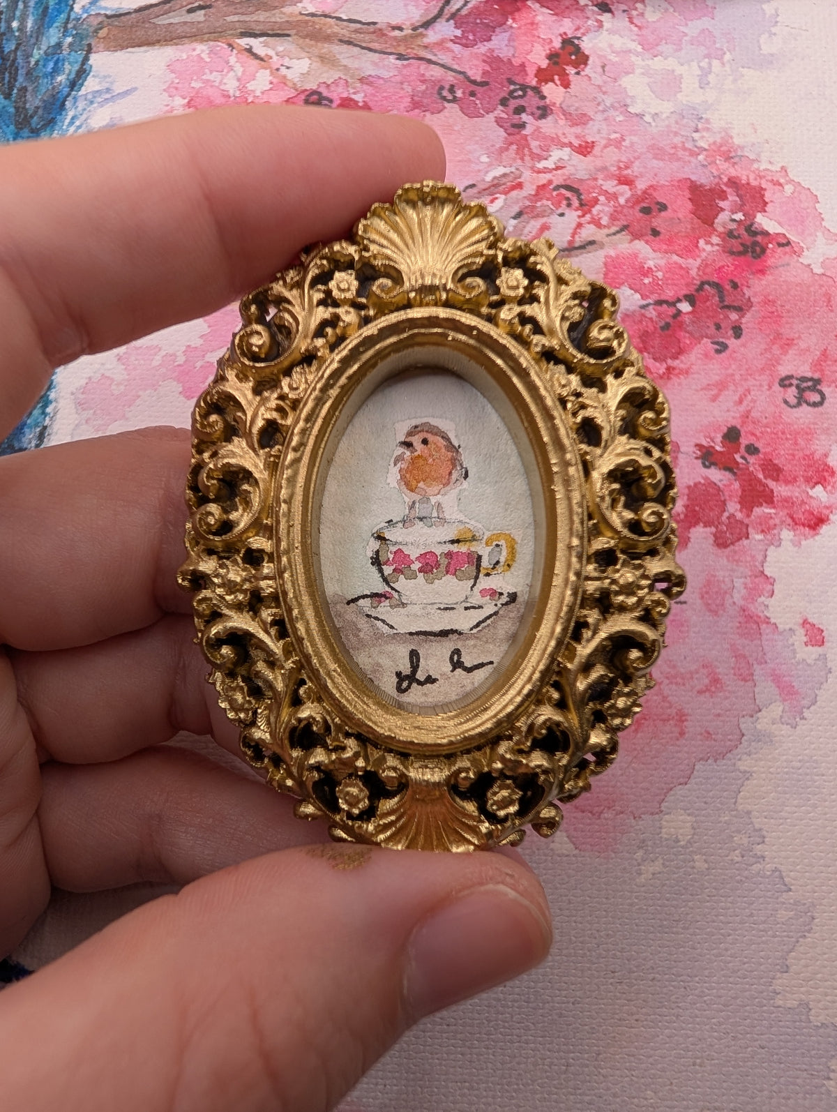 Mini Robin Bird on Teacup Painting - Original Watercolor Art by Lora Cavallin