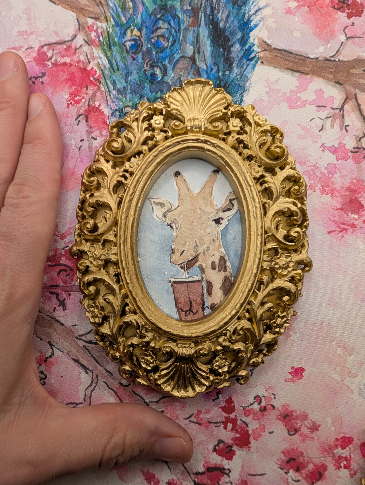 Mini Giraffe with Iced Drink Painting - Original Watercolor Art by Lora Cavallin