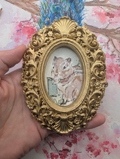 Mini Chipmunk with Coffee Painting - Original Watercolor Art by Lora Cavallin