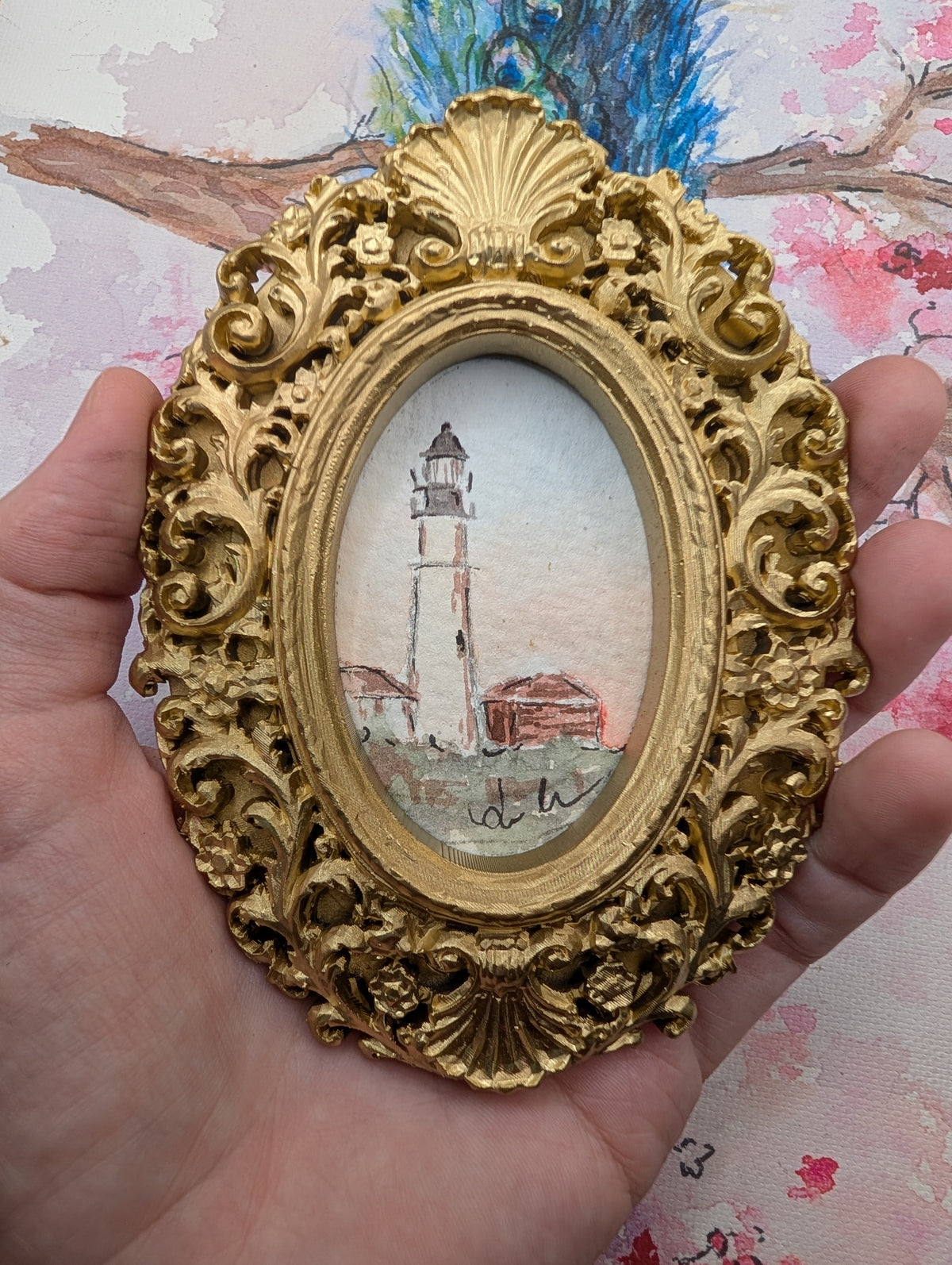 Mini Lighthouse Painting - Original Watercolor Art by Lora Cavallin