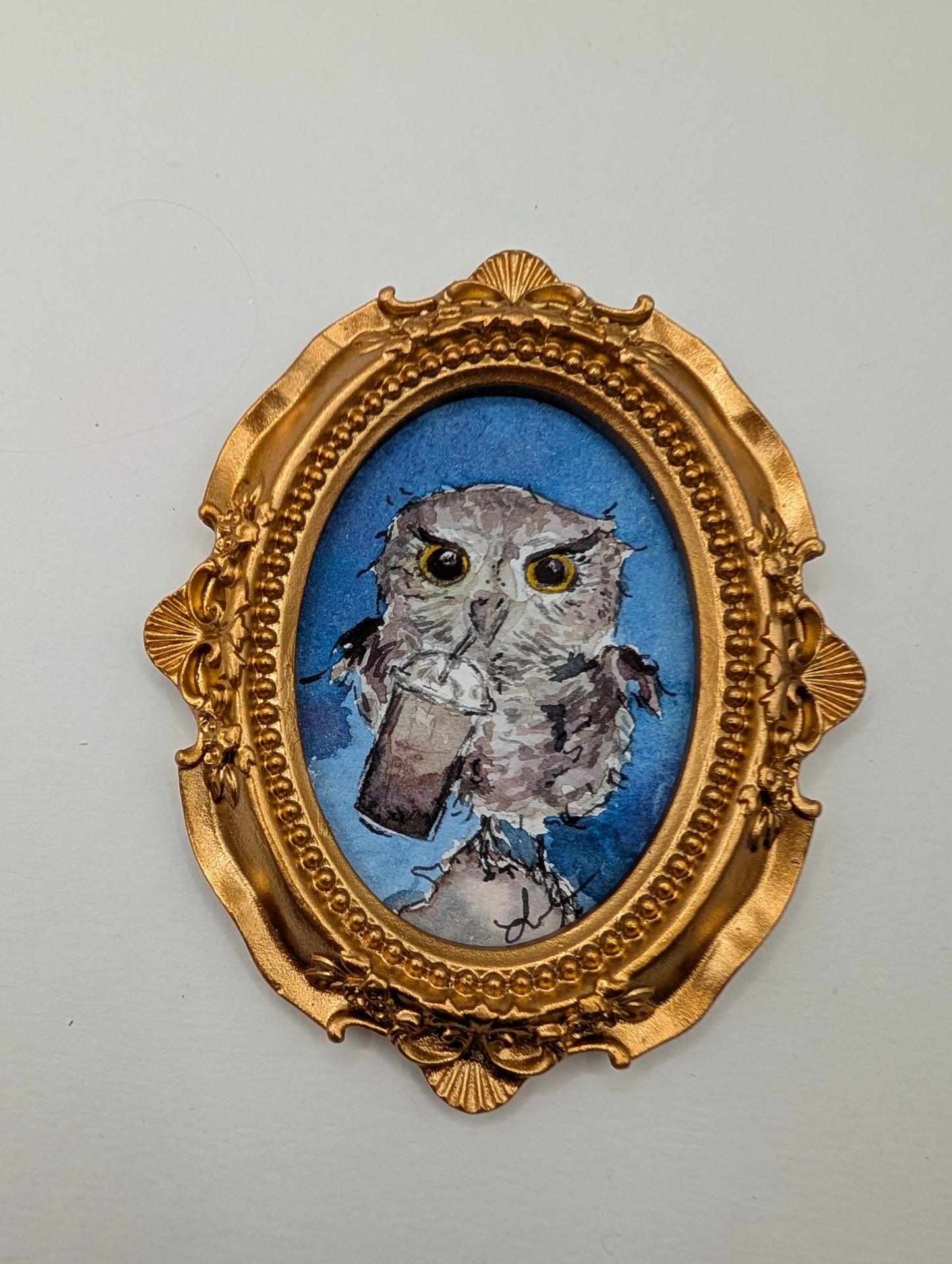 Mini Owl with Frozen Coffee Painting - Original Watercolor Art by Lora Cavallin