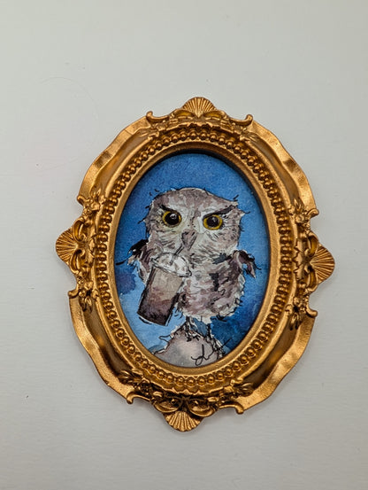 Mini Owl with Frozen Coffee Painting - Original Watercolor Art by Lora Cavallin