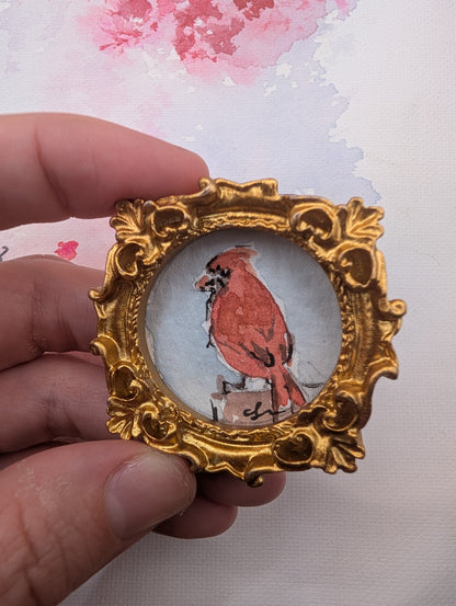 Mini Cardinal Bird Painting - Original Watercolor Art by Lora Cavallin