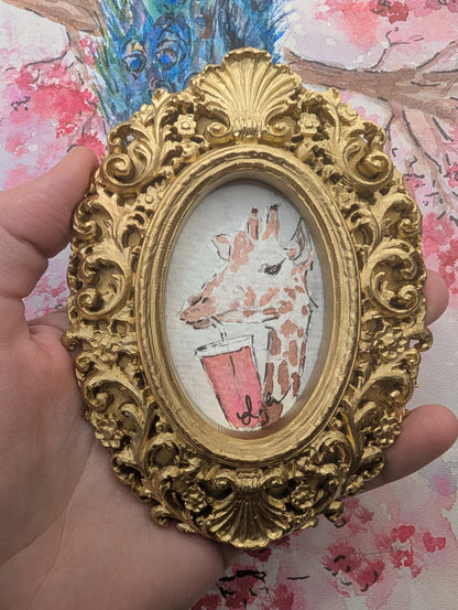 Mini Giraffe with Pink Drink Painting - Original Watercolor Art by Lora Cavallin