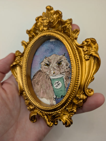 Mini Owl with "Night Shift" Coffee Painting - Original Watercolor Art by Lora Cavallin