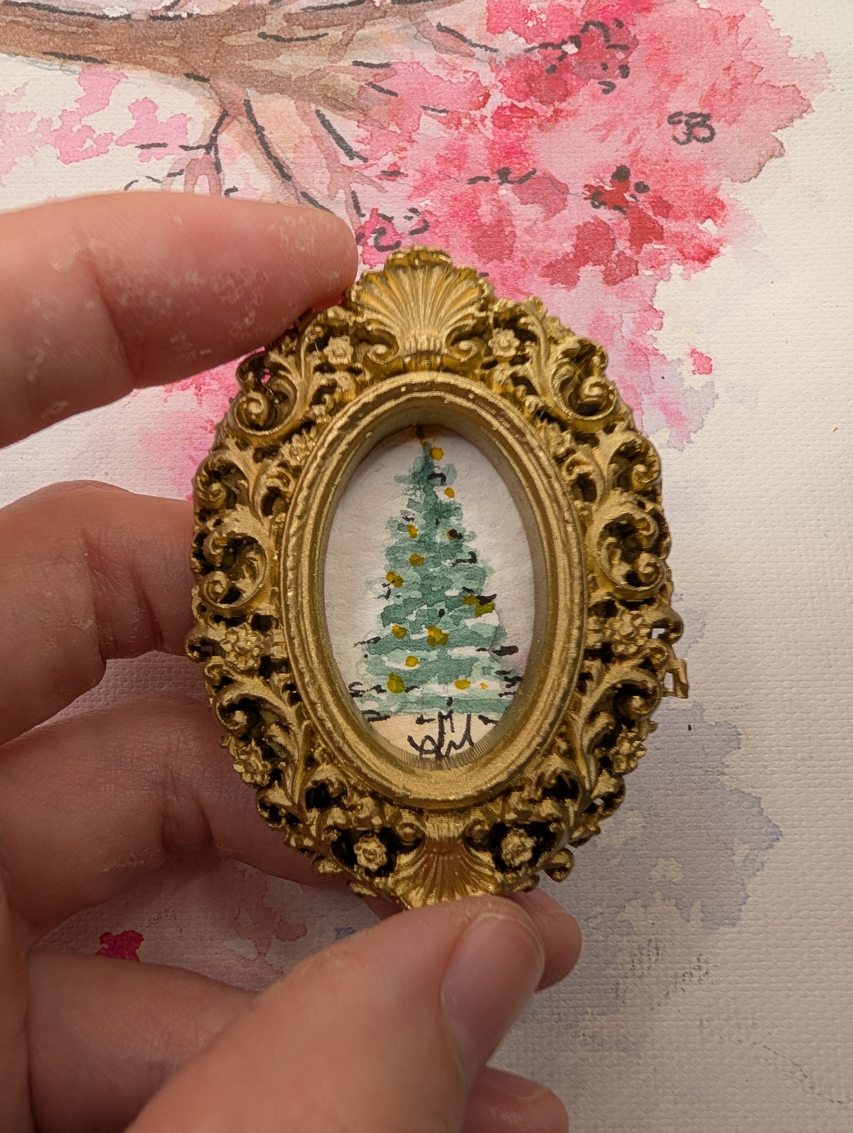 Mini Christmas Tree Painting - Original Watercolor Art by Lora Cavallin