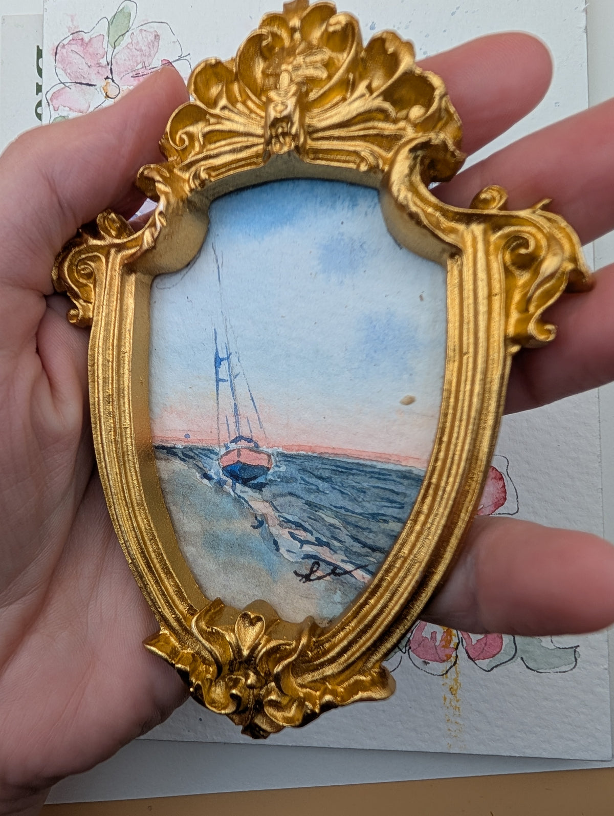 Mini Sailboat on Beach Painting - Original Watercolor Art by Lora Cavallin