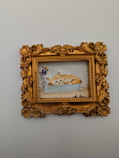 Mini Sleeping Cat Painting - Original Watercolor Art by Lora Cavallin