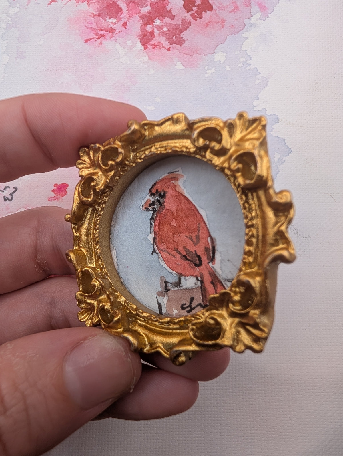 Mini Cardinal Bird Painting - Original Watercolor Art by Lora Cavallin