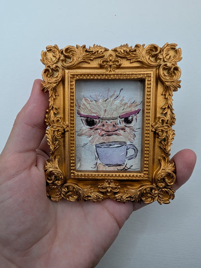 Mini Ostrich with Glasses and Mug Painting - Original Watercolor Art by Lora Cavallin