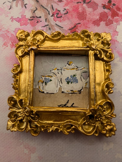 Mini Teapot and Teacup Painting - Original Watercolor Art by Lora Cavallin