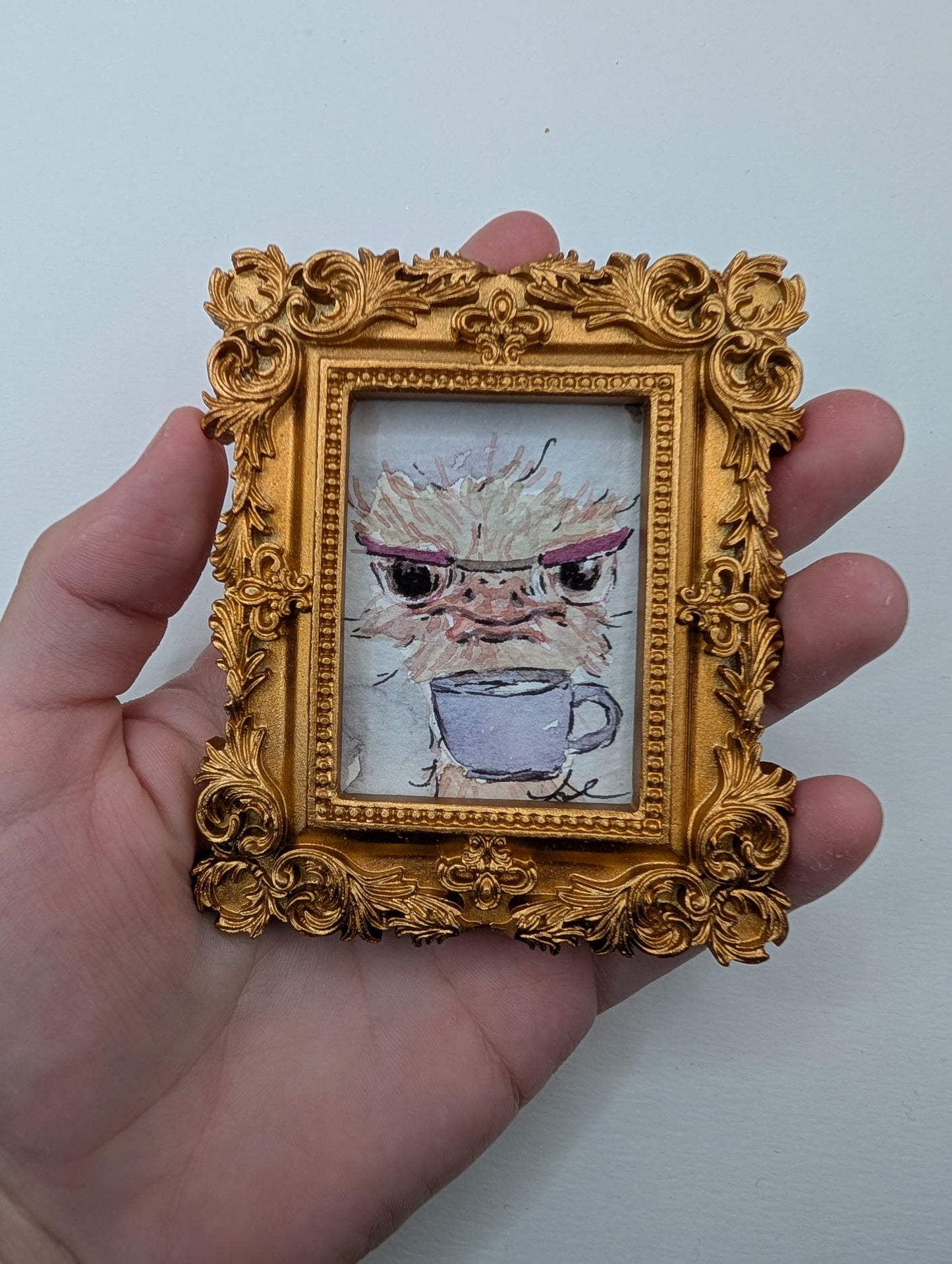 Mini Ostrich with Glasses and Mug Painting - Original Watercolor Art by Lora Cavallin