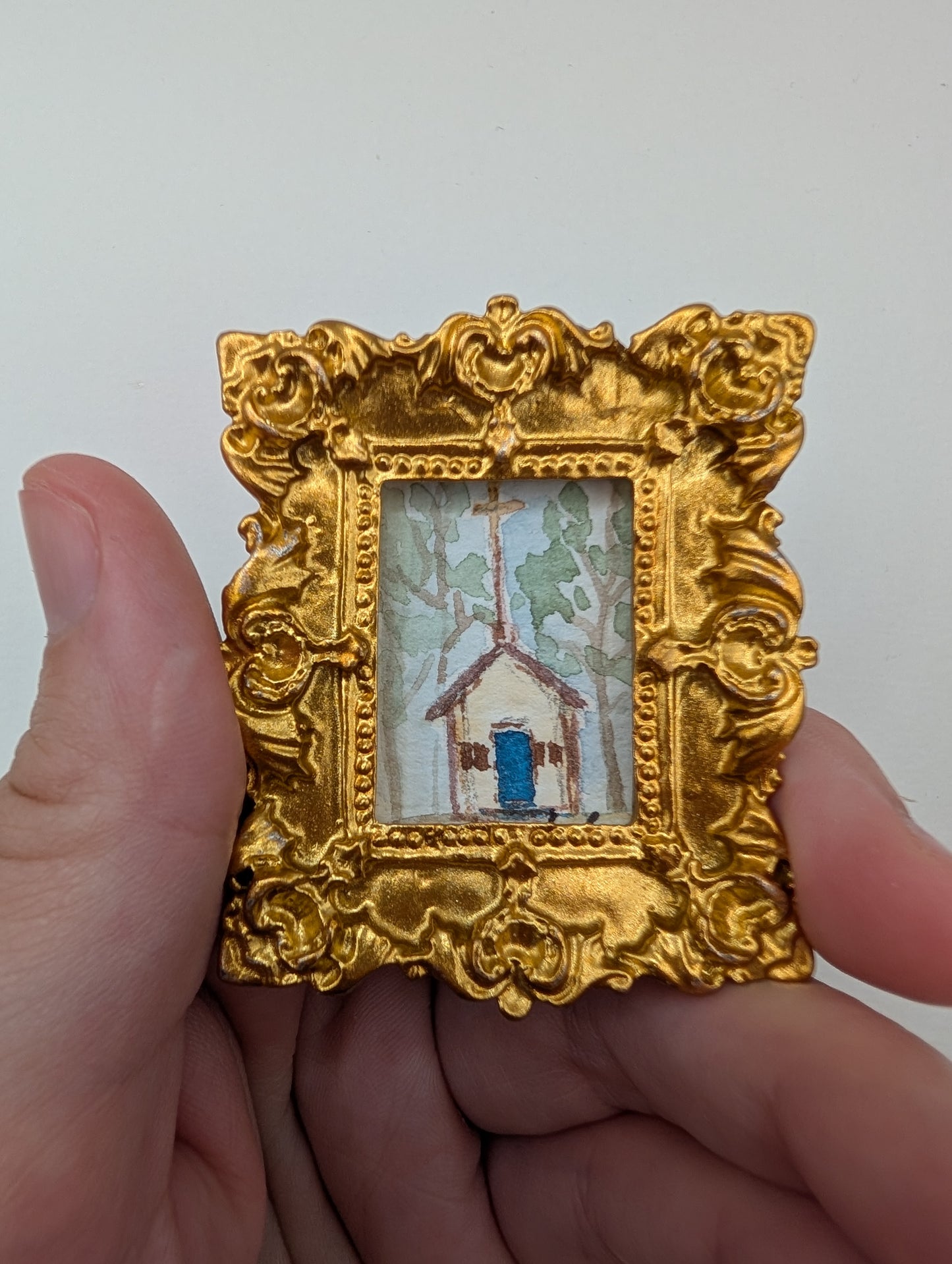 Mini Church Painting - Original Watercolor Art by Lora Cavallin