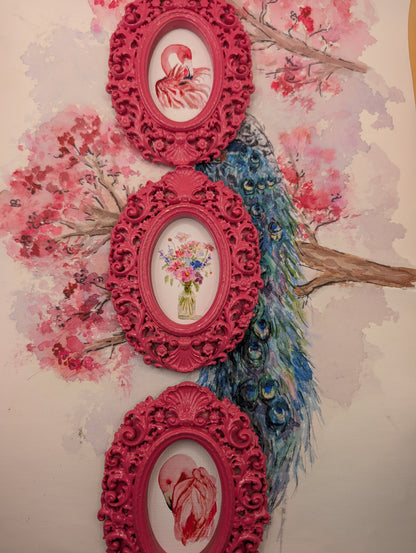 Flamingos and Flowers Art Print Set of Three - With Pink Frames - Watercolor Design