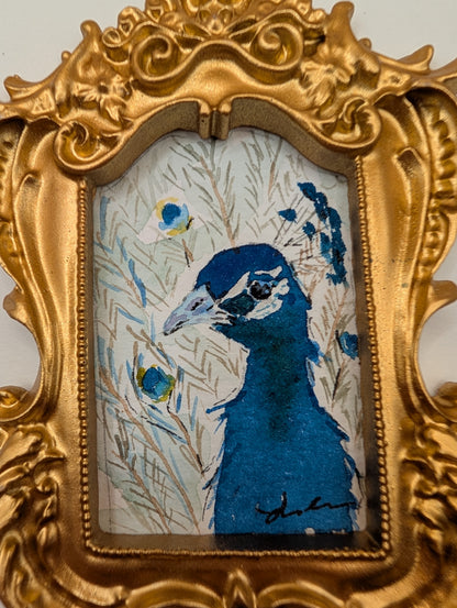 Mini Peacock Painting - Original Watercolor Art by Lora Cavallin
