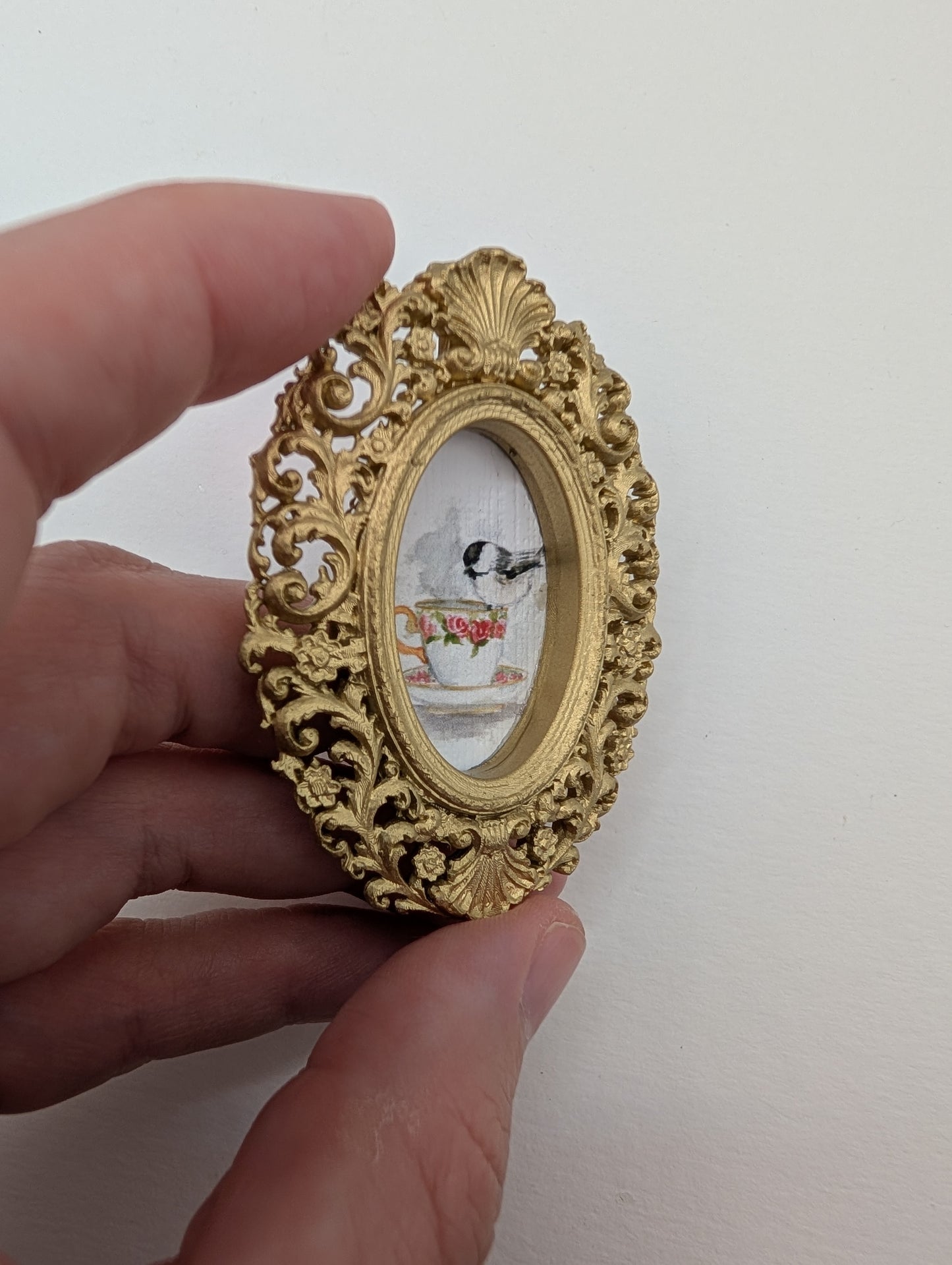 Tiny Chickadee Bird on Teacup Watercolor Art Print - Dollhouse Size - With Gold Frame