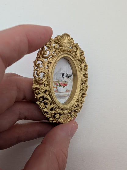 Tiny Chickadee Bird on Teacup Watercolor Art Print - Dollhouse Size - With Gold Frame