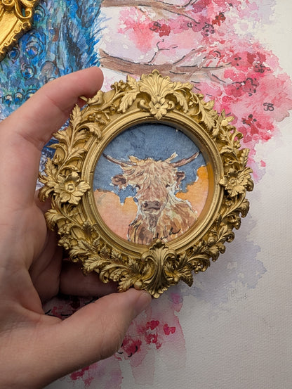 Mini Highland Cow Painting - Original Watercolor Art by Lora Cavallin