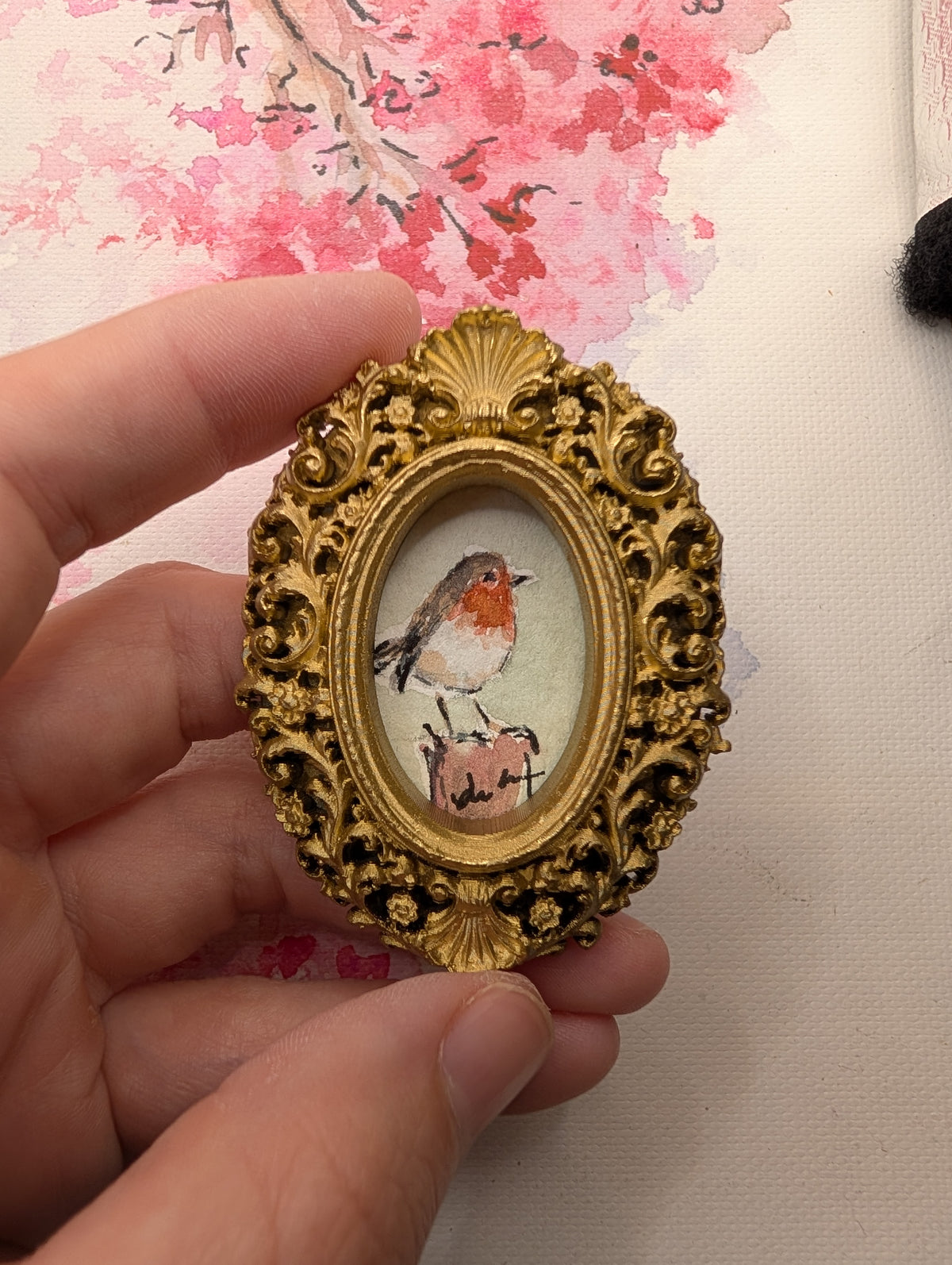 Mini Robin Bird Painting - Original Watercolor Art by Lora Cavallin