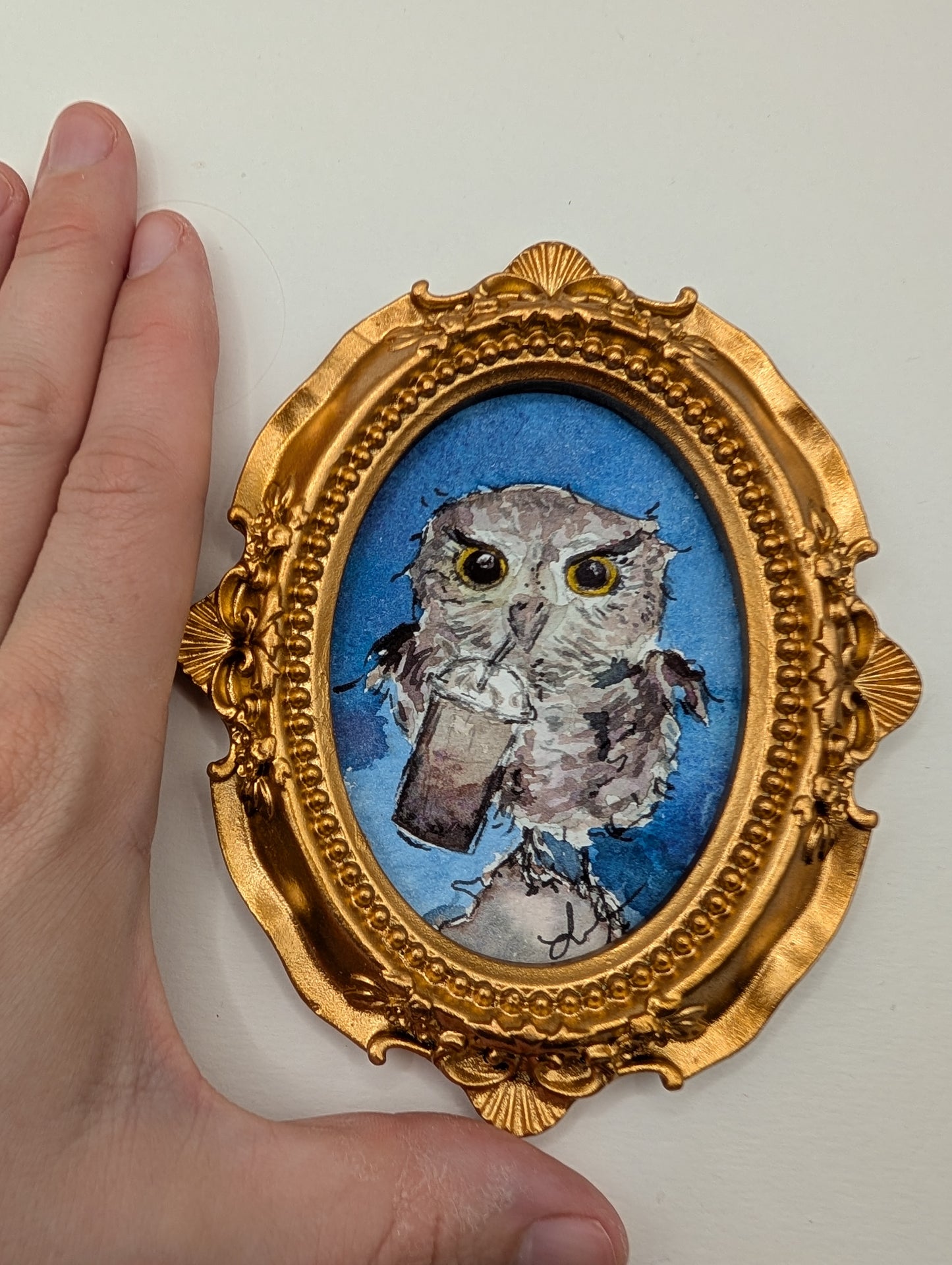 Mini Owl with Frozen Coffee Painting - Original Watercolor Art by Lora Cavallin