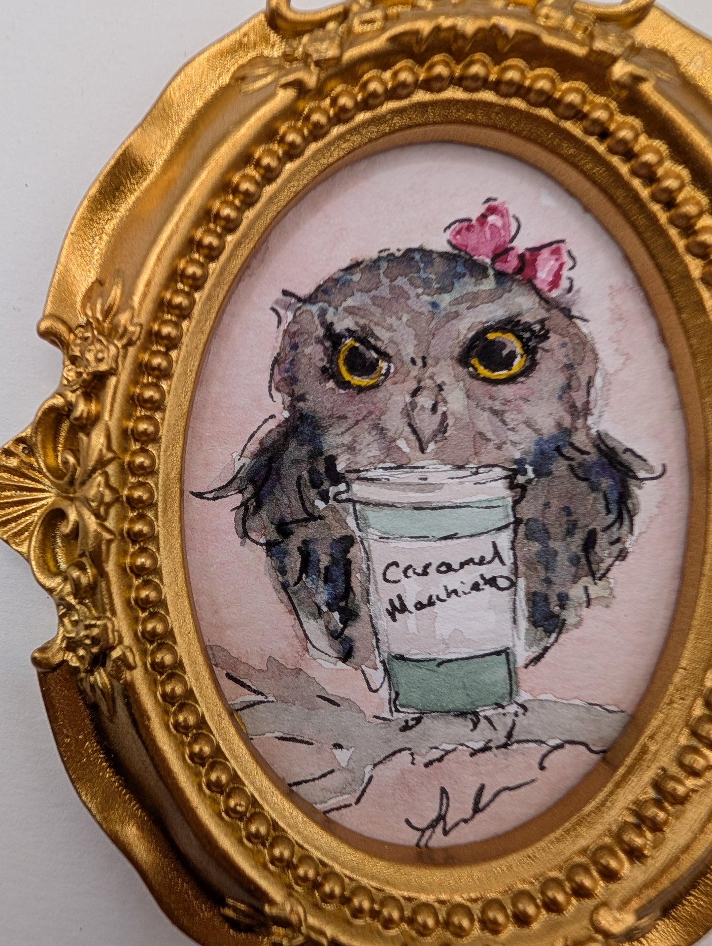 Mini Owl with Caramel Macchiato Painting - Original Watercolor Art by Lora Cavallin