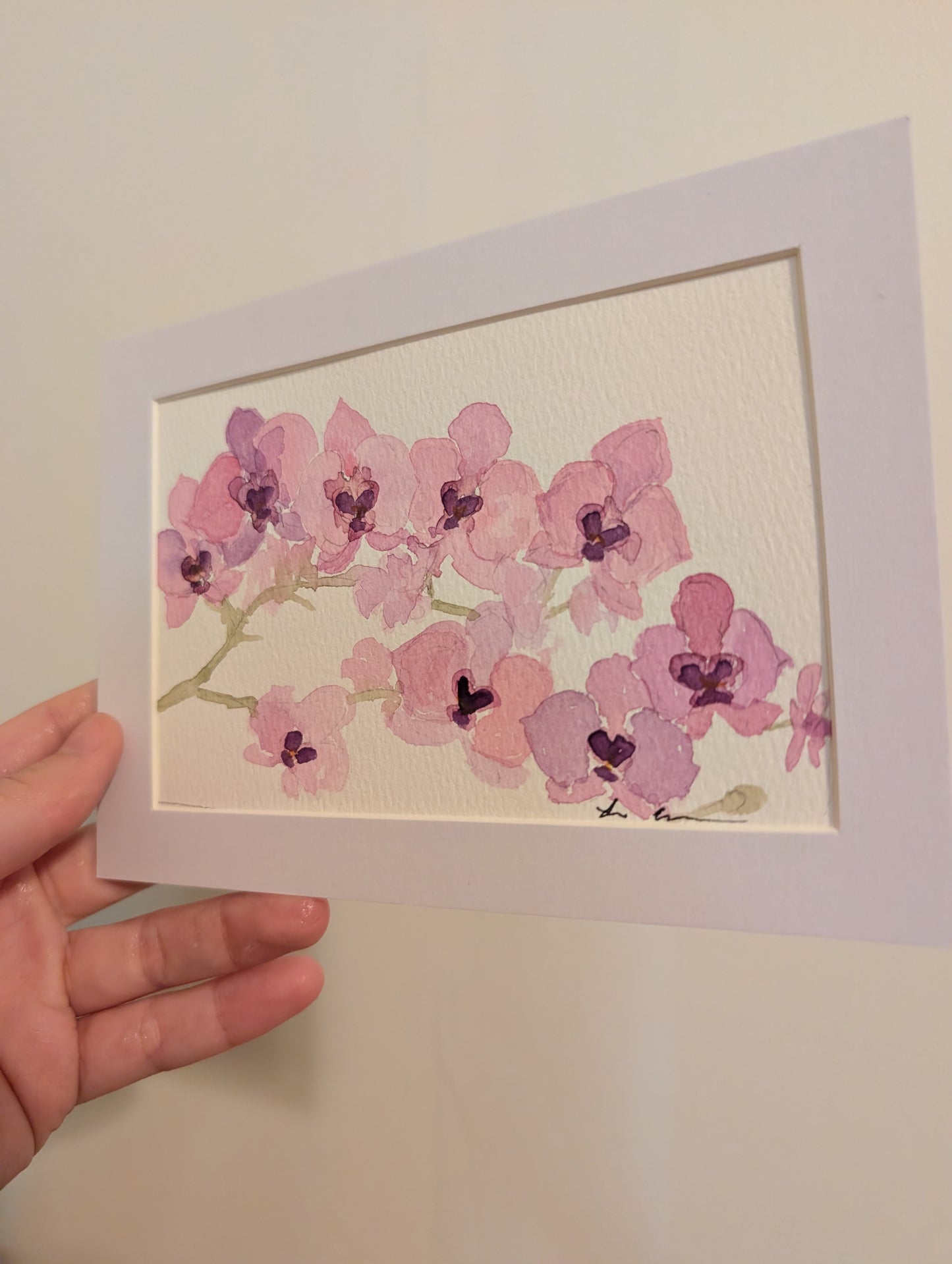 Orchid Flowers Watercolor Painting - 4 x 6" - No Frame, Comes with Mat - Art by Lora Cavallin