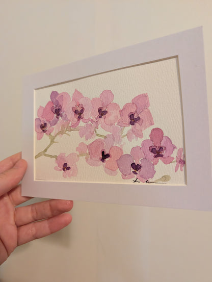 Orchid Flowers Watercolor Painting - 4 x 6" - No Frame, Comes with Mat - Art by Lora Cavallin
