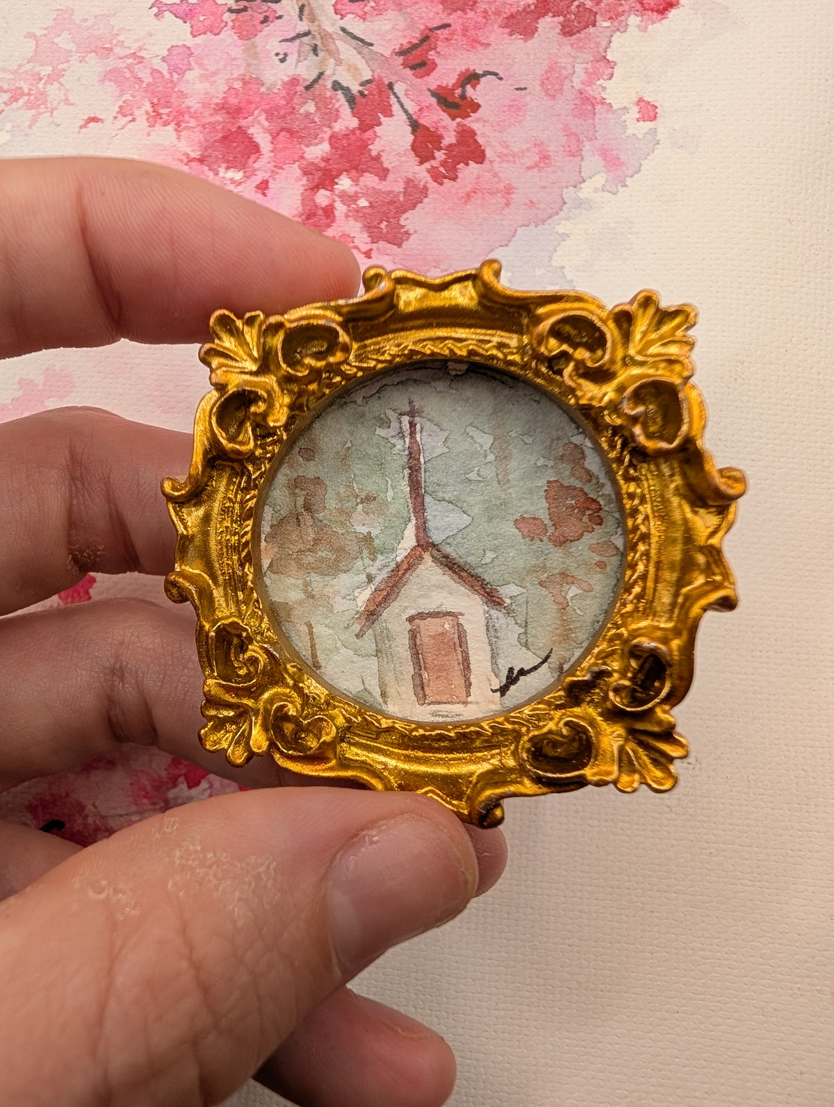 Mini Church Painting - Original Watercolor Art by Lora Cavallin
