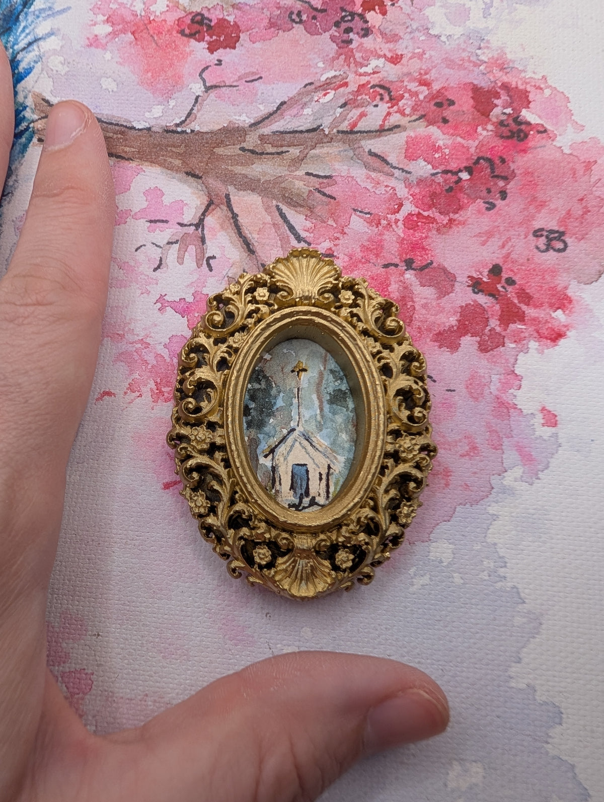 Mini Church Painting - Original Watercolor Art by Lora Cavallin