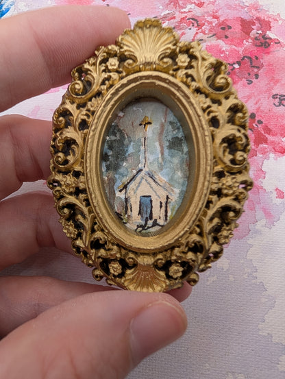 Mini Church Painting - Original Watercolor Art by Lora Cavallin
