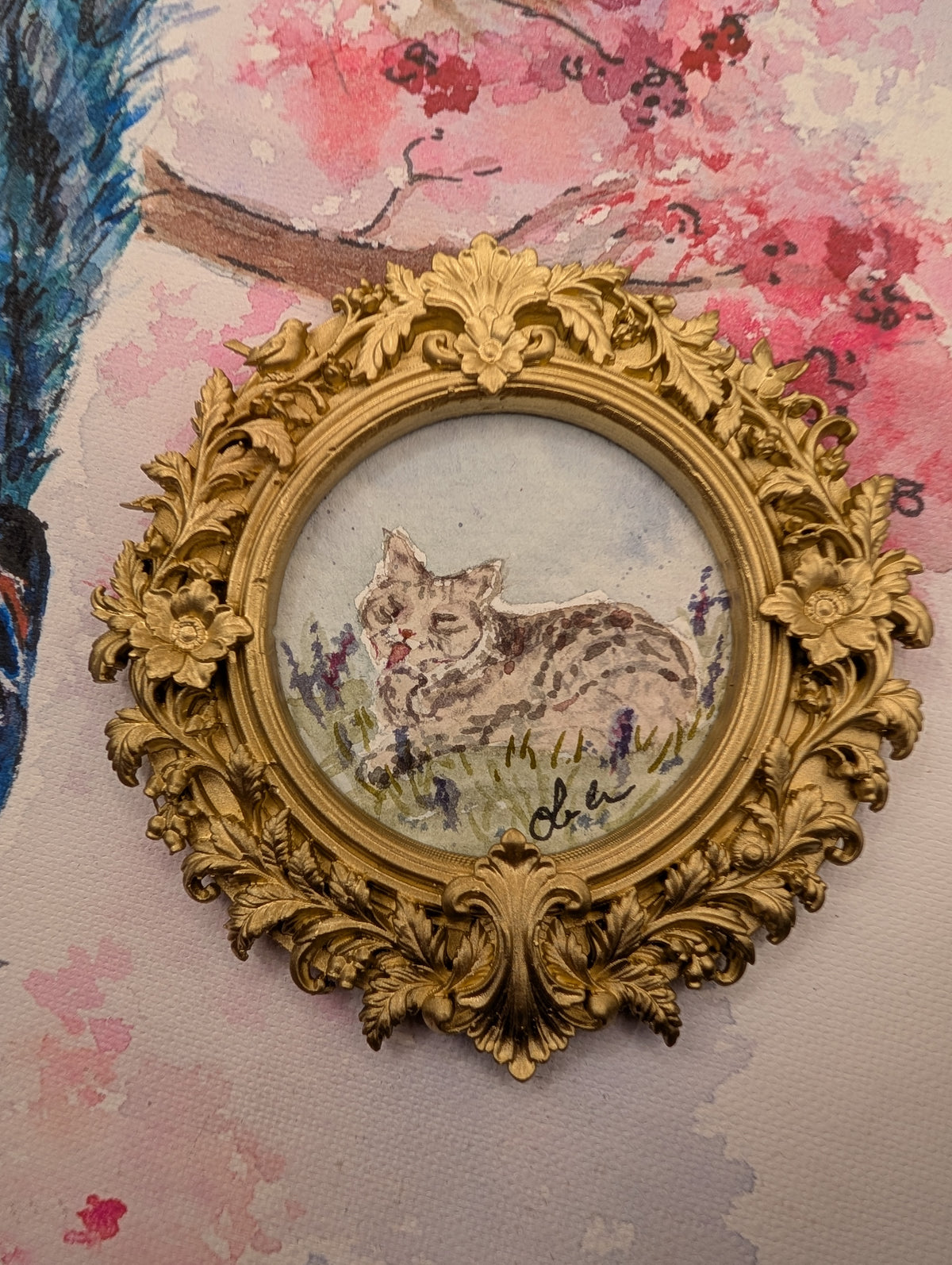Mini Cat in Field Painting - Original Watercolor Art by Lora Cavallin