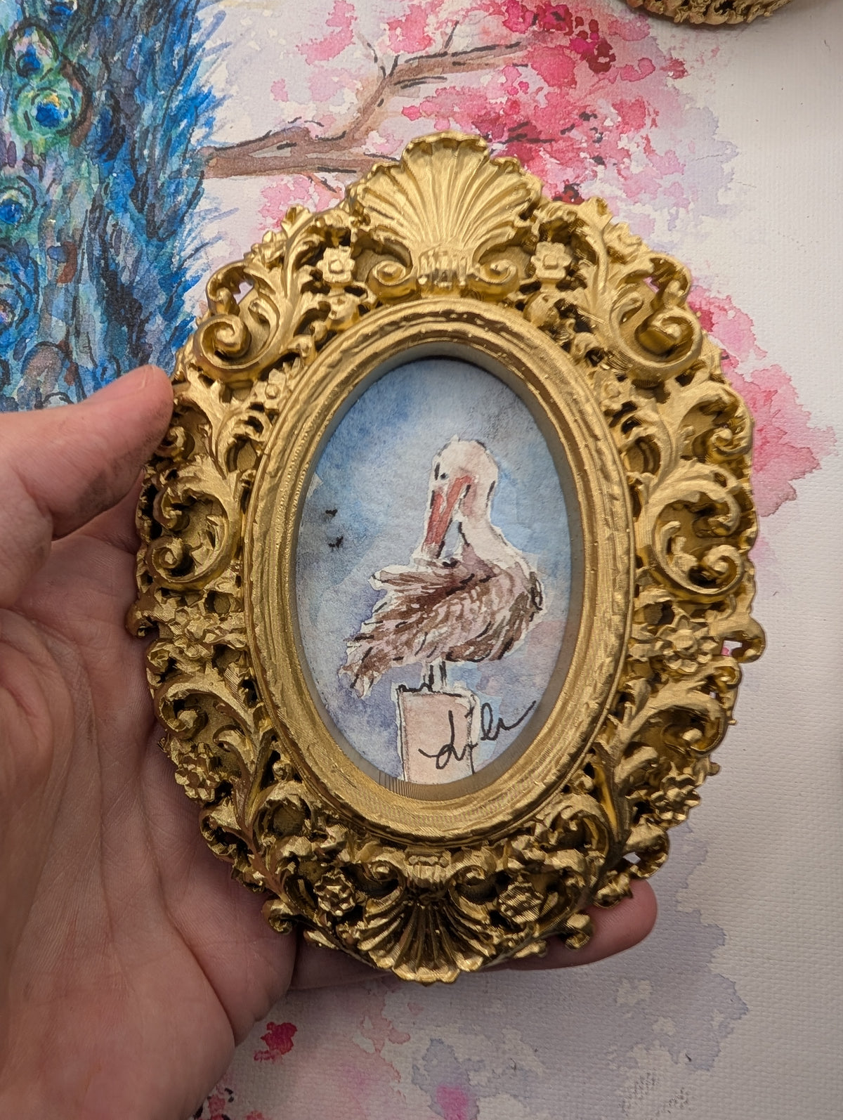 Mini Pelican Painting - Original Watercolor Art by Lora Cavallin
