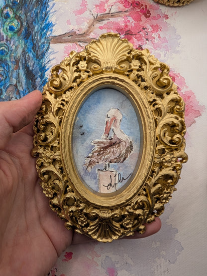 Mini Pelican Painting - Original Watercolor Art by Lora Cavallin