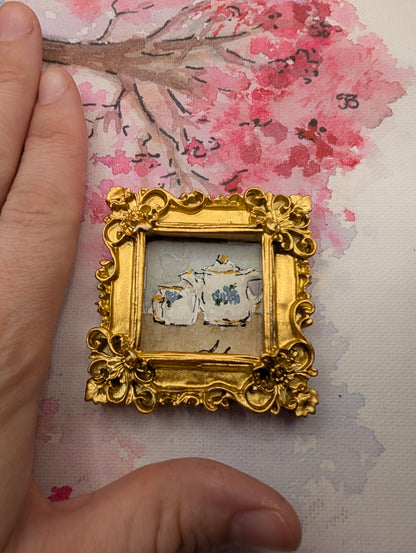 Mini Teapot and Teacup Painting - Original Watercolor Art by Lora Cavallin