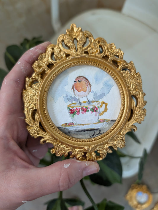 Mini Robin Bird on Teacup Painting - Original Watercolor Art by Lora Cavallin