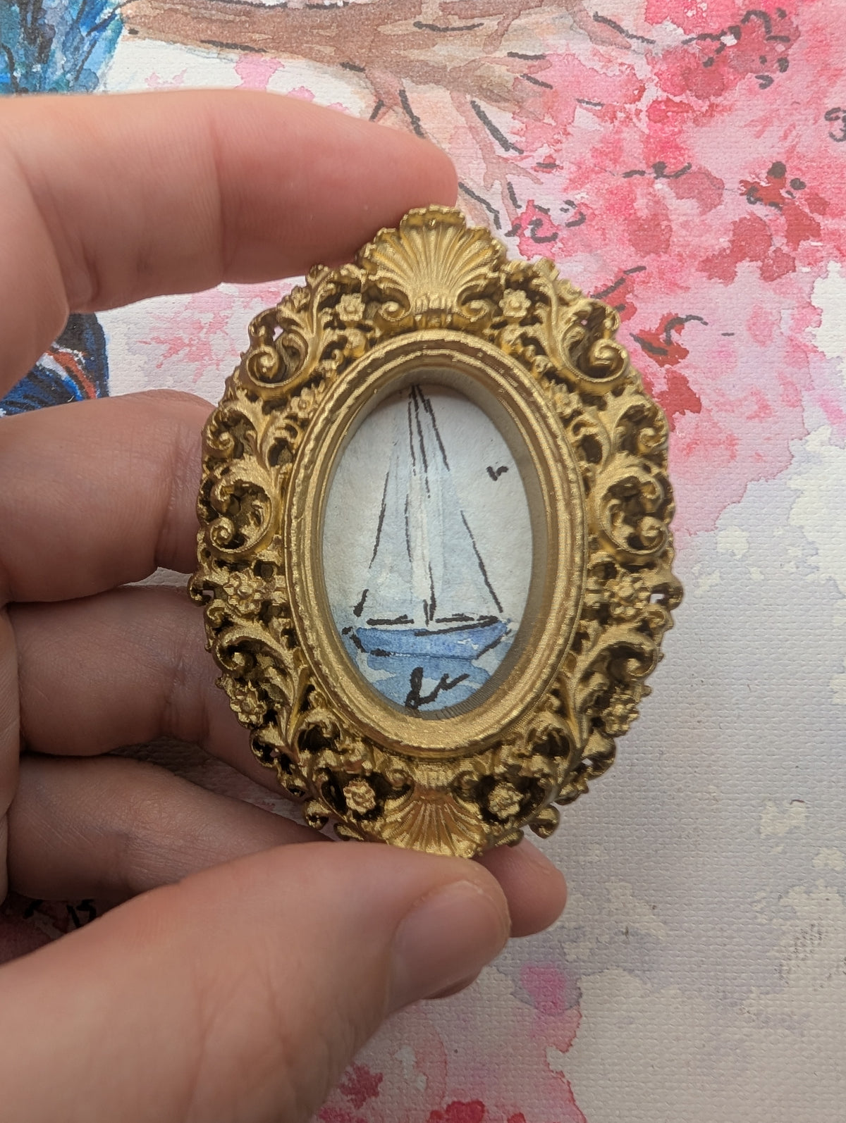 Mini Sailboat Painting - Original Watercolor Art by Lora Cavallin