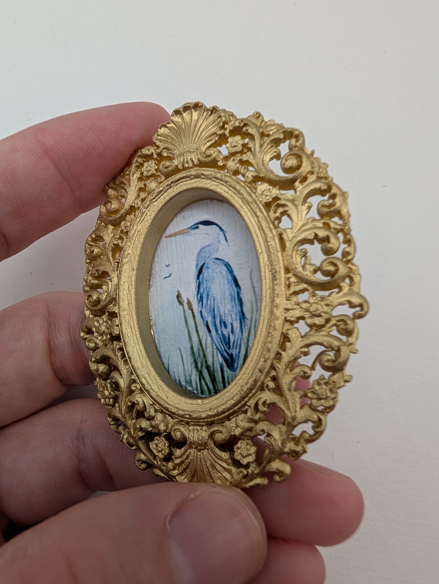 Tiny Blue Heron Watercolor Art Print - Dollhouse Size - With Gold Frame