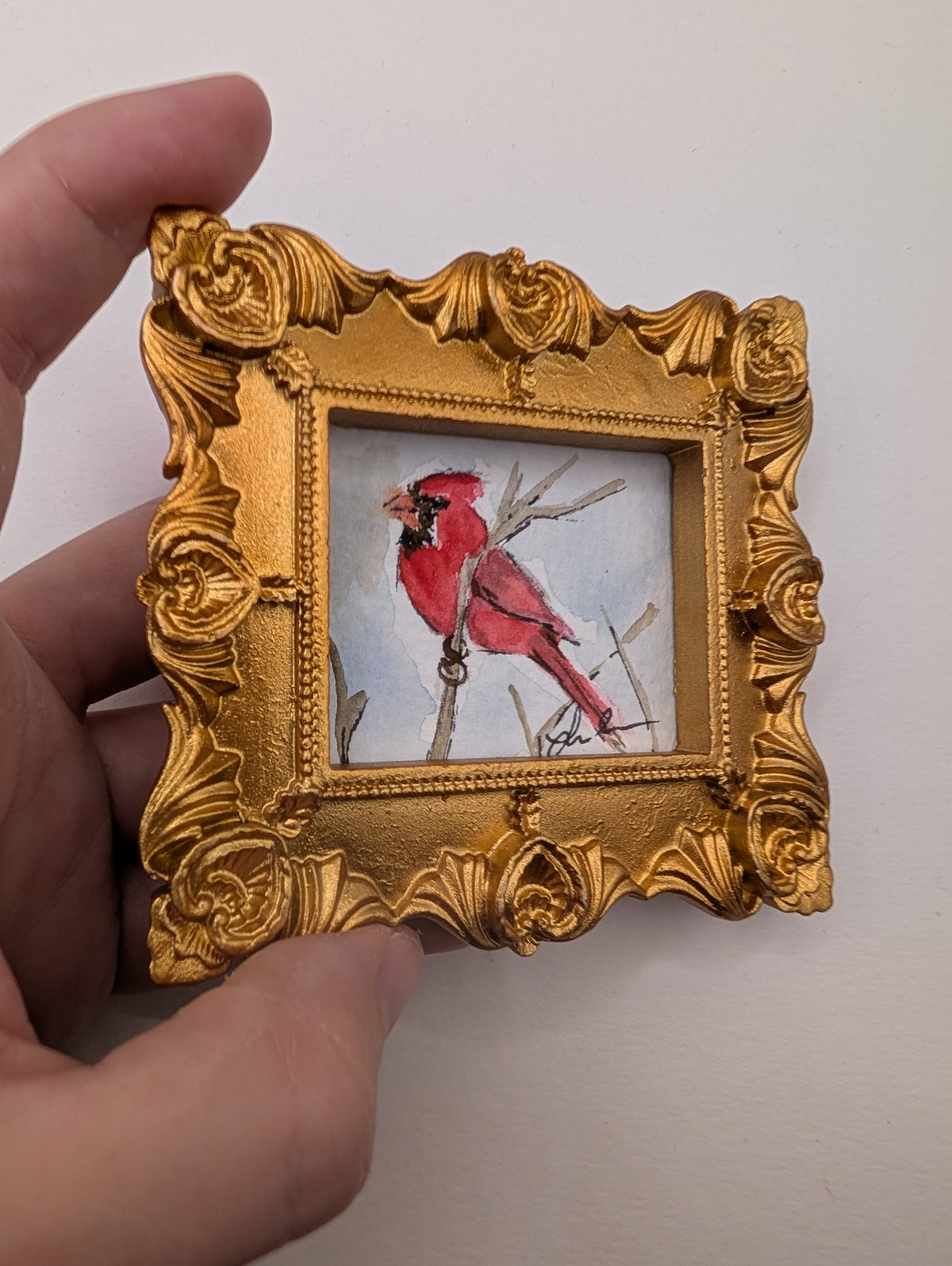 Mini Cardinal Painting - Original Watercolor Art by Lora Cavallin