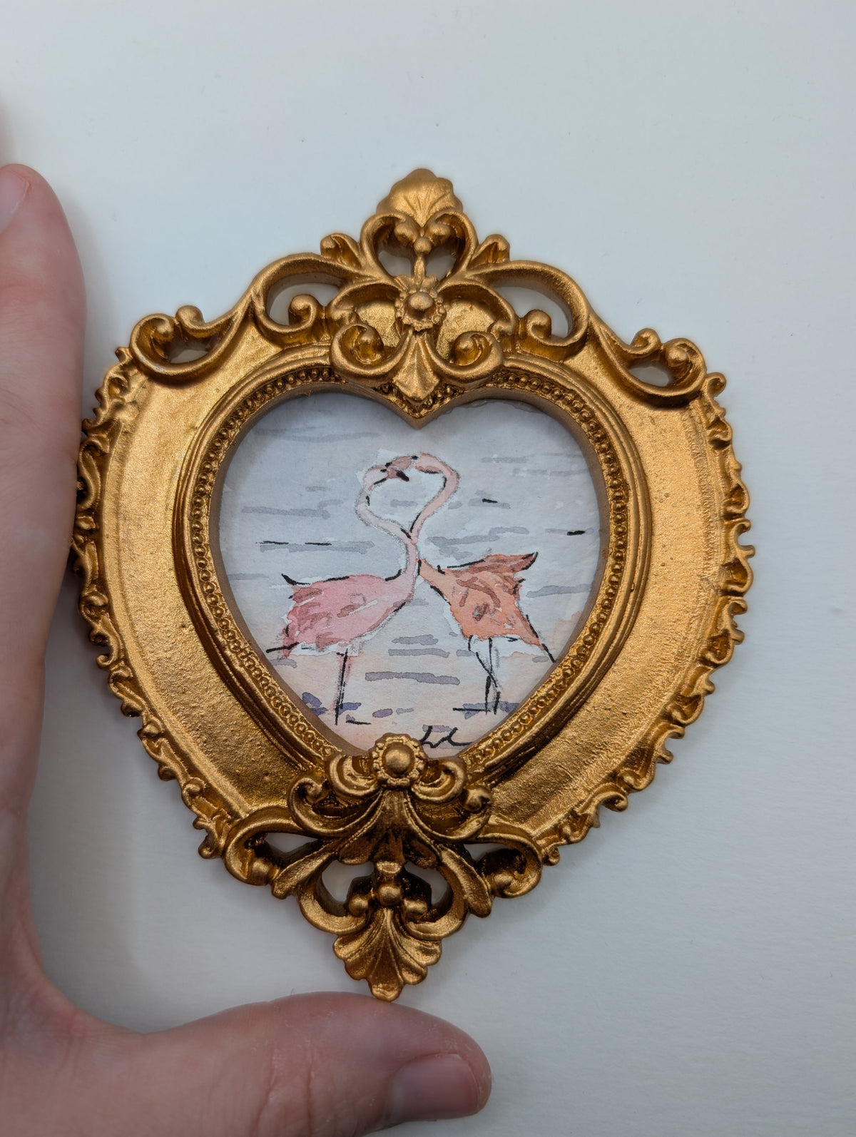 Mini Flamingos in Love Painting - Original Watercolor Art by Lora Cavallin