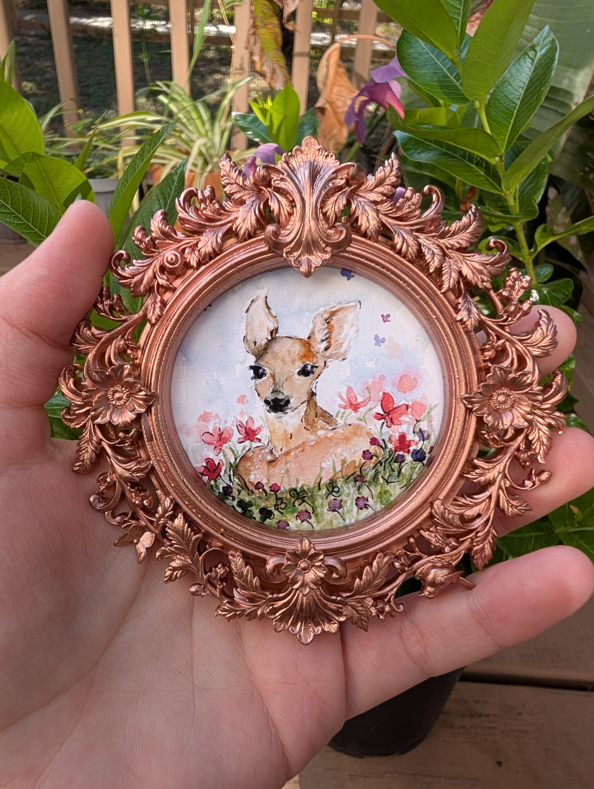 Baby Deer and Flowers — Round Framed Art Print