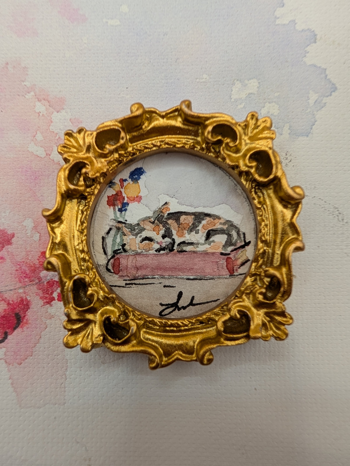 Mini Sleeping Cat on Book Painting - Original Watercolor Art by Lora Cavallin
