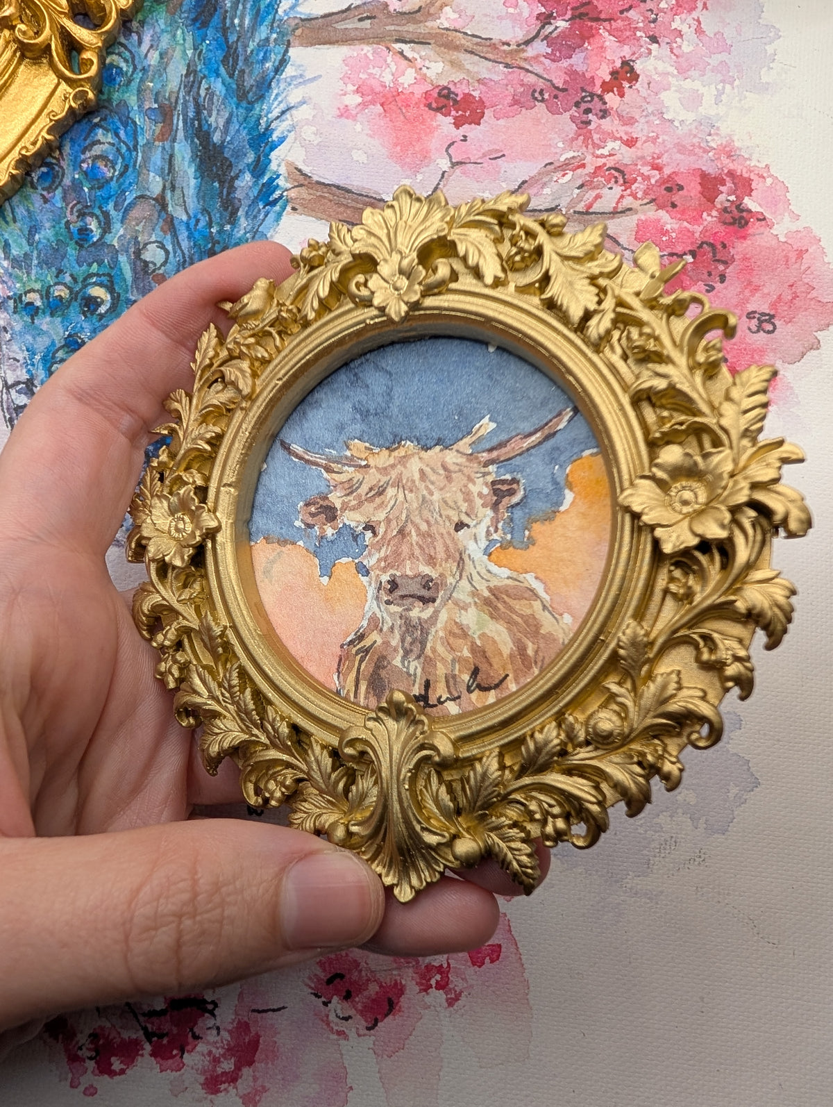 Mini Highland Cow Painting - Original Watercolor Art by Lora Cavallin