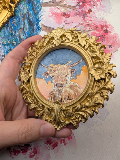 Mini Highland Cow Painting - Original Watercolor Art by Lora Cavallin