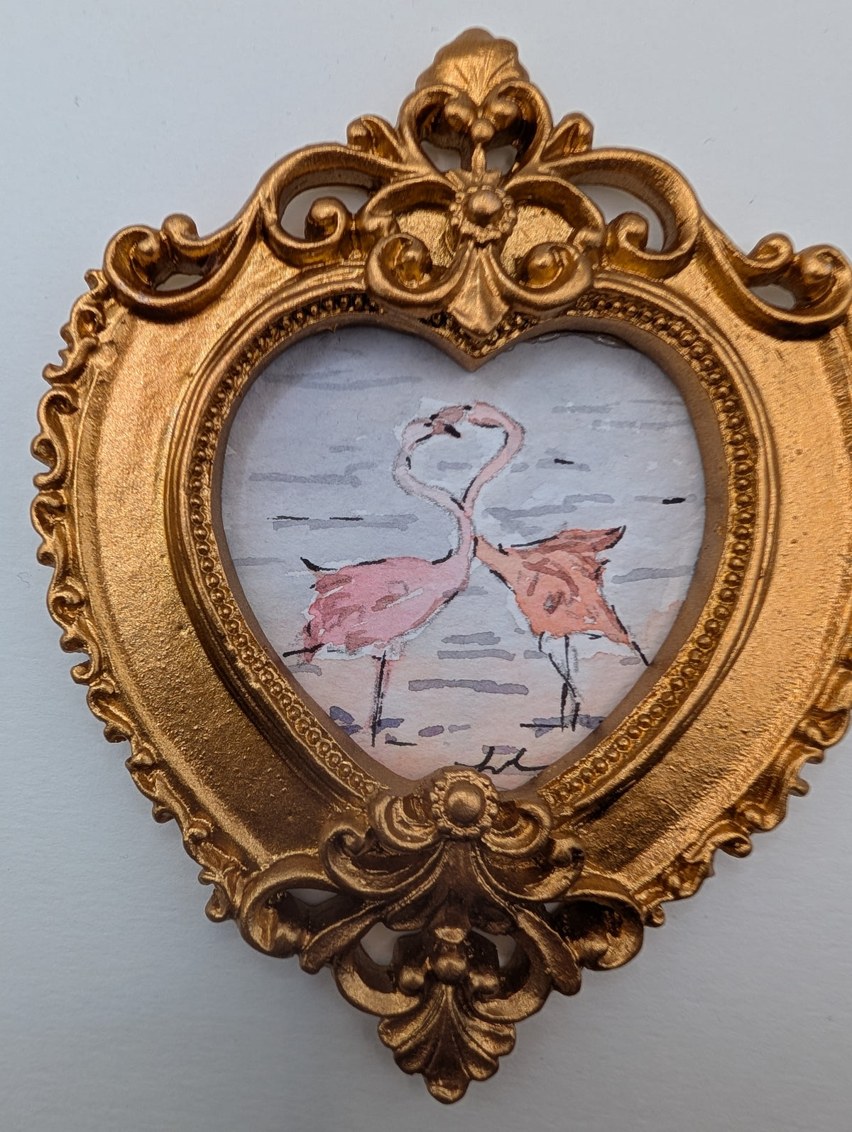 Mini Flamingos in Love Painting - Original Watercolor Art by Lora Cavallin